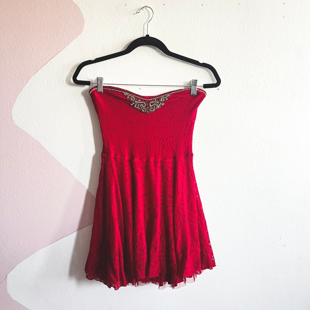 Free People Red Lace Mini Dress Beaded Mesh Fairycore Festival Boho Small‎